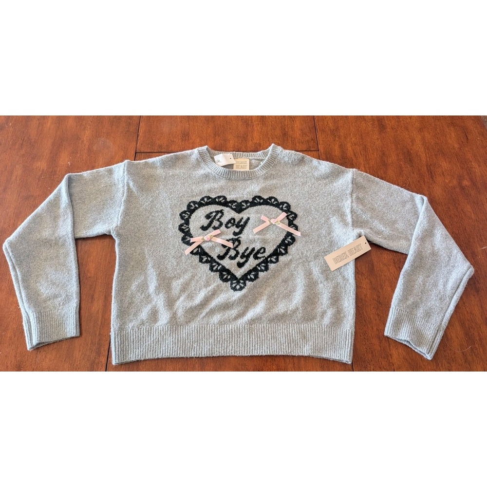 Derek Heart Womens Grey Boy Bye Heart Crop Sweater Bows Juniors Medium NEW